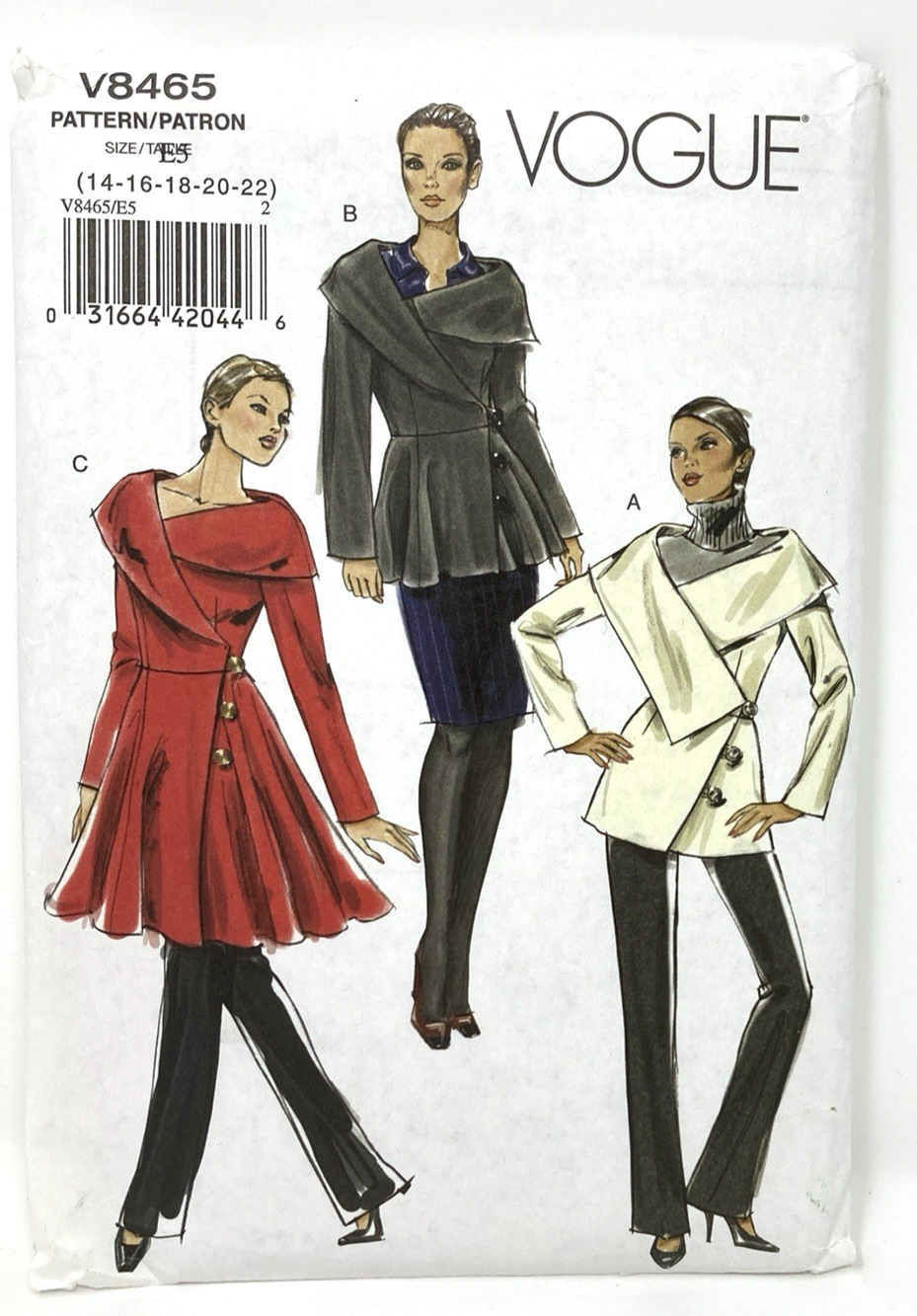 Vogue V8465 Jacket Coat Asymmetrical Wrap Collar Vtg 00s Misses 14-22 UNCUT